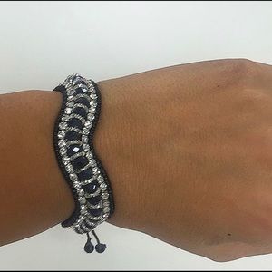Jet Crystal Hand Made Macrame Pull String Bracelet